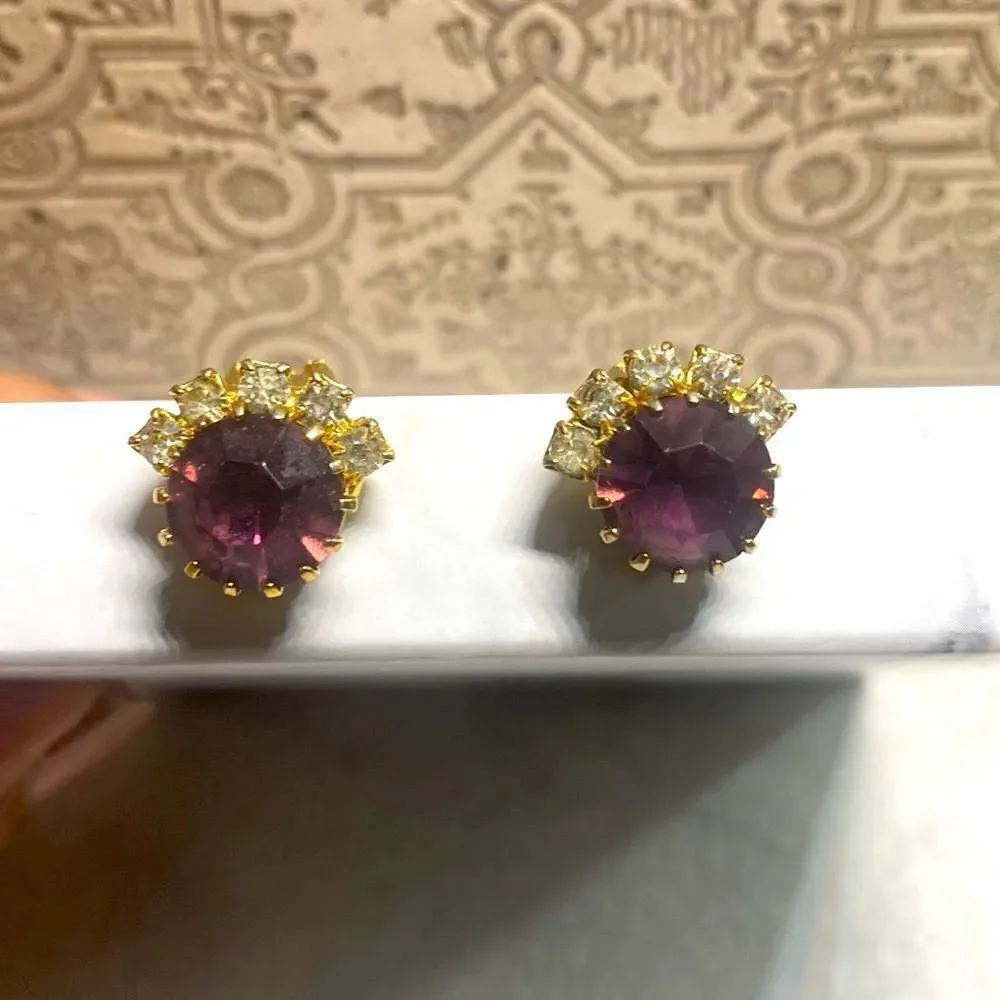 Vintage Rhinestone & Amethyst Brooch & Earrings - Picture 2 of 3